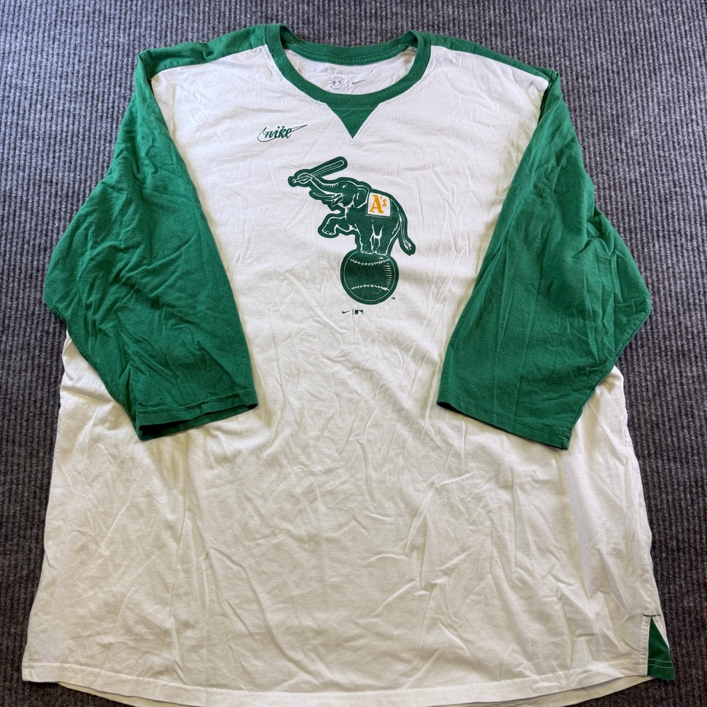 NIKE OAKLAND ATHLETICS RAGLAN SHIRT 3XL WHITE GREEN COTTON BLEND MLB ELEPHANT